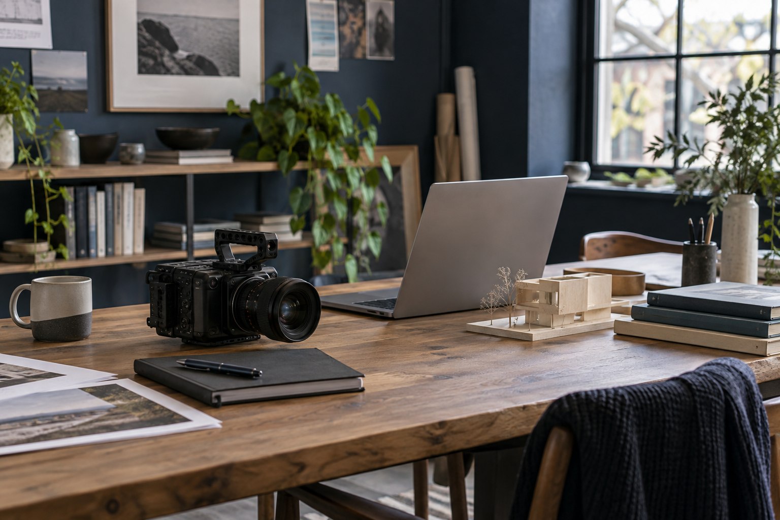 Illustrative creative workspace with a cinema camera, books, laptop, and architectural model